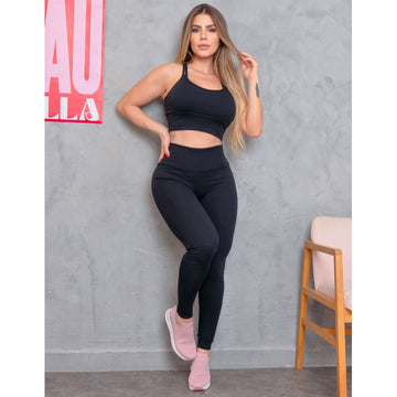 Conjunto Feminino Fitness Texturizado Calça CIntura Alta e Top Alcinhas com Bojo Removível
