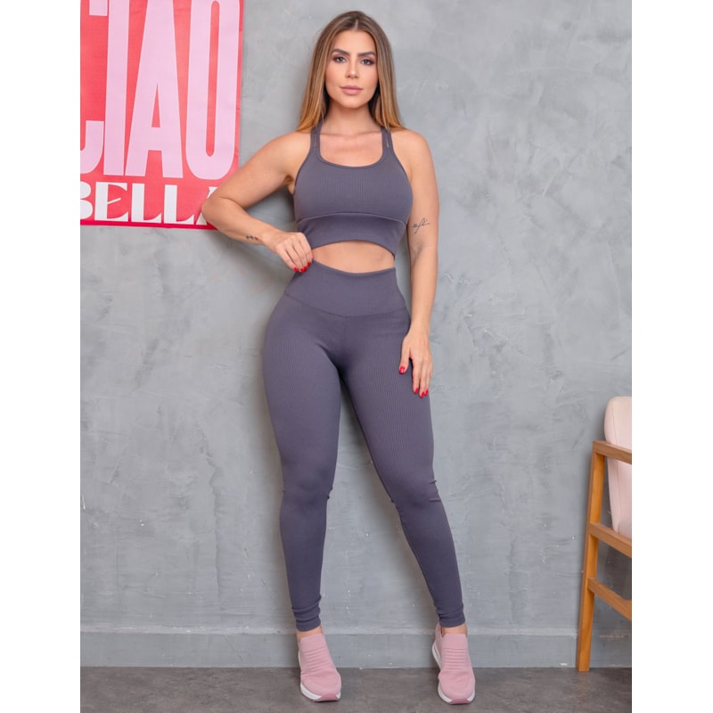 Look Esportivo Fitmoda Calça CIntura Alta e Top Texturizado com Bojo Removível