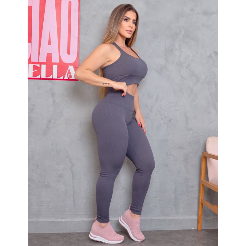Look Esportivo Fitmoda Calça CIntura Alta e Top Texturizado com Bojo Removível