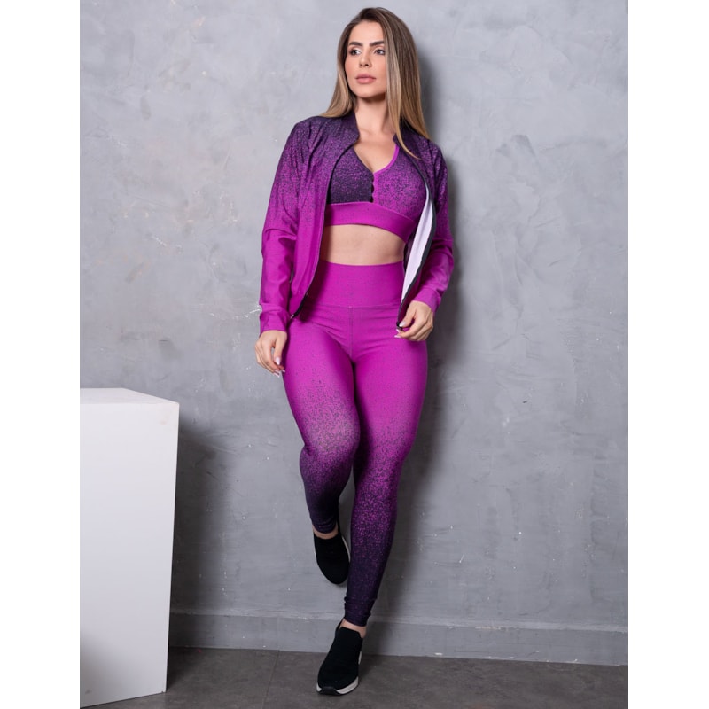 Trio Fitness Feminino Bomber Degradê Casaco Top com Bojo e Legging Cintura Alta