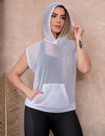 Colete Casual Esportivo em Tela com Capuz Feminino