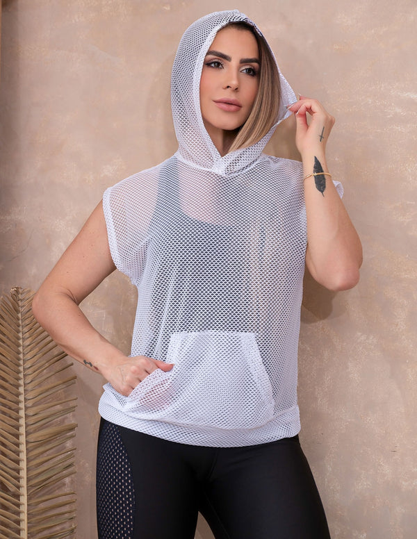 Colete Casual Esportivo em Tela com Capuz Feminino