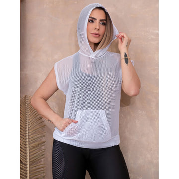 Colete Casual Esportivo em Tela com Capuz Feminino