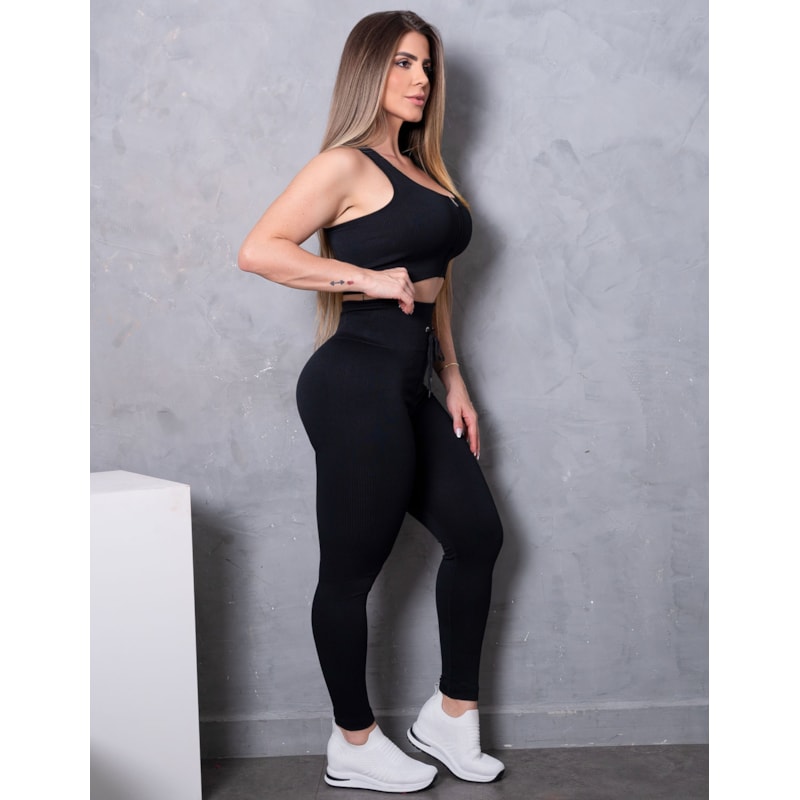 Conjunto Fitness Feminino em Poliamida Texturizada com Legging e Cropped com Zíper Frontal