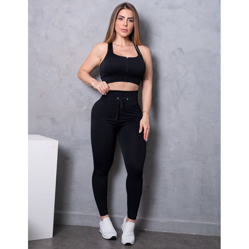 Conjunto Fitness Feminino em Poliamida Texturizada com Legging e Cropped com Zíper Frontal