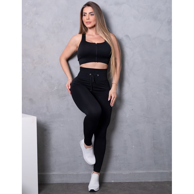 Conjunto Fitness Feminino em Poliamida Texturizada com Legging e Cropped com Zíper Frontal