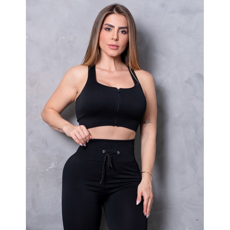 Conjunto Fitness Feminino em Poliamida Texturizada com Legging e Cropped com Zíper Frontal