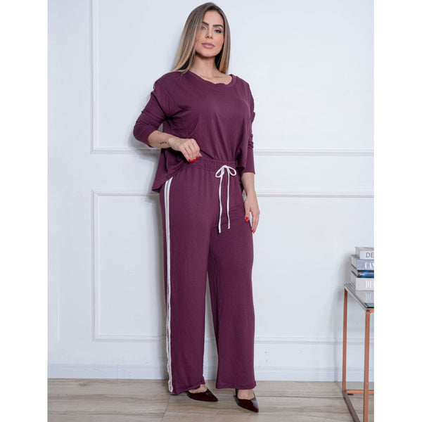 Conjunto Casual  Luxo Feminino Pantalona e Blusa em Moletinho de Viscose