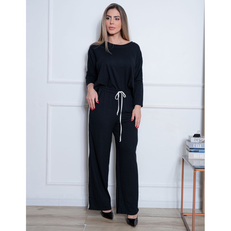 Conjunto Feminino Moletinho de Viscose com Calça Pantalona com Listras Laterais e Blusa de Manga Justa