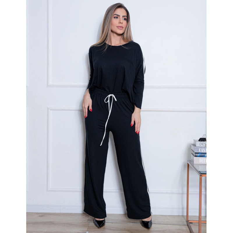 Conjunto Feminino Moletinho de Viscose com Calça Pantalona com Listras Laterais e Blusa de Manga Justa
