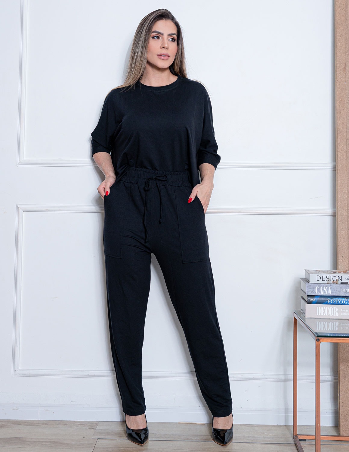 Conjunto Casual Chic Feminino Moletinho de Viscose Premium com Bolsos Laterais