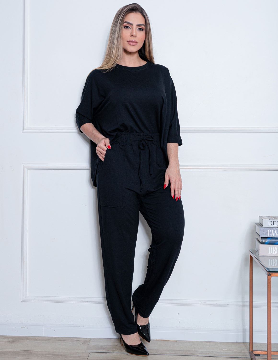 Conjunto Casual Chic Feminino Moletinho de Viscose Premium com Bolsos Laterais