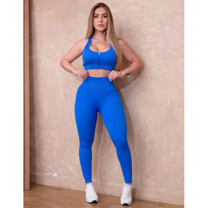 Look Feminino em Poliamida Canelada Premium com Calça Cintura Alta e Top com Zíper Frontal