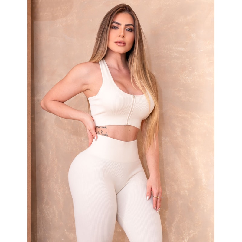Conjunto Fitness Premium Feminino com Top Zíper e Legging Cintura Alta