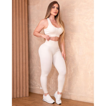 Conjunto Fitness Premium Feminino com Top Zíper e Legging Cintura Alta