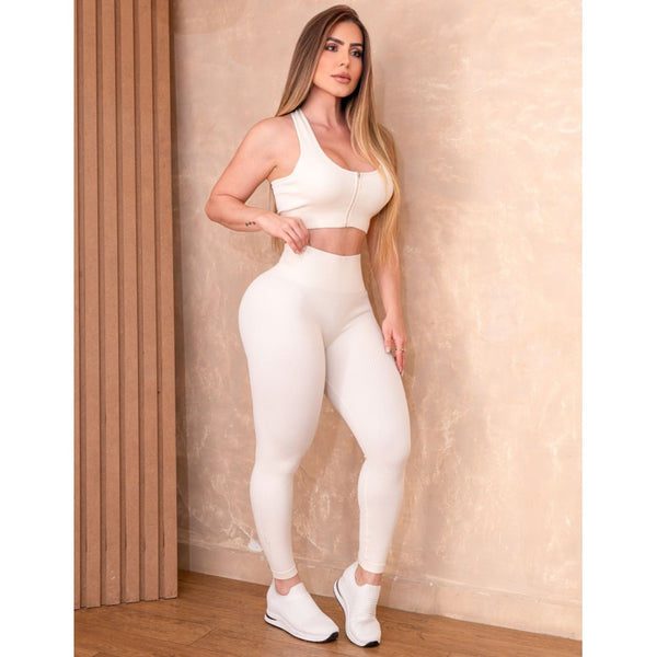 Conjunto Fitness Premium Feminino com Top Zíper e Legging Cintura Alta