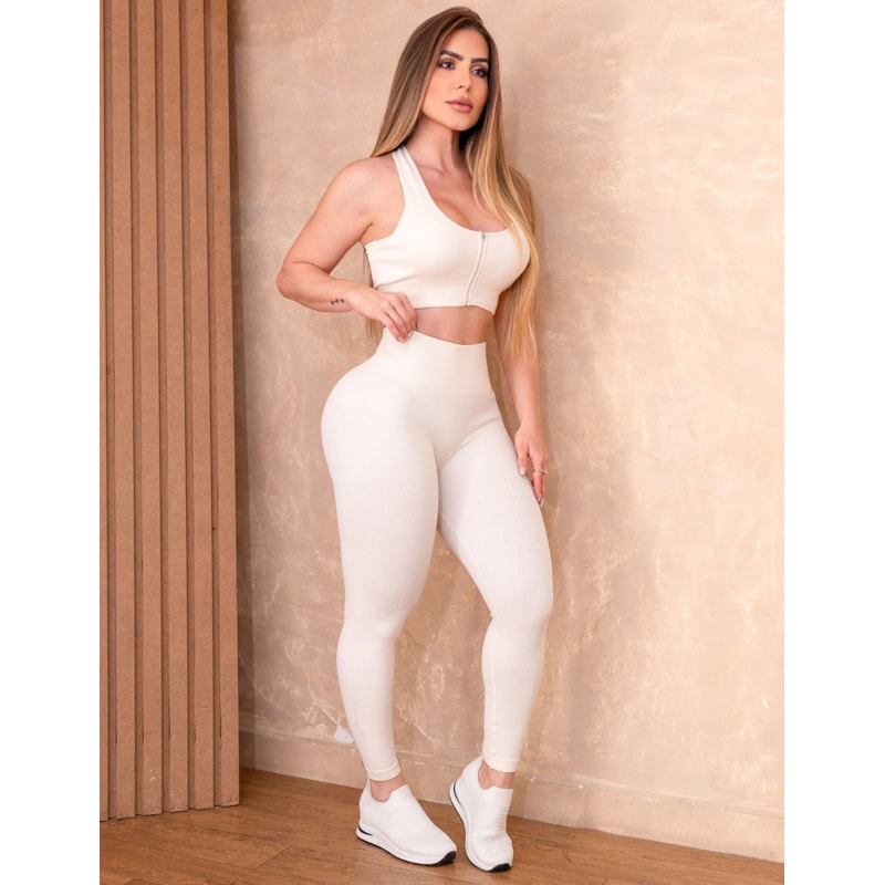 Conjunto Fitness Premium Feminino com Top Zíper e Legging Cintura Alta