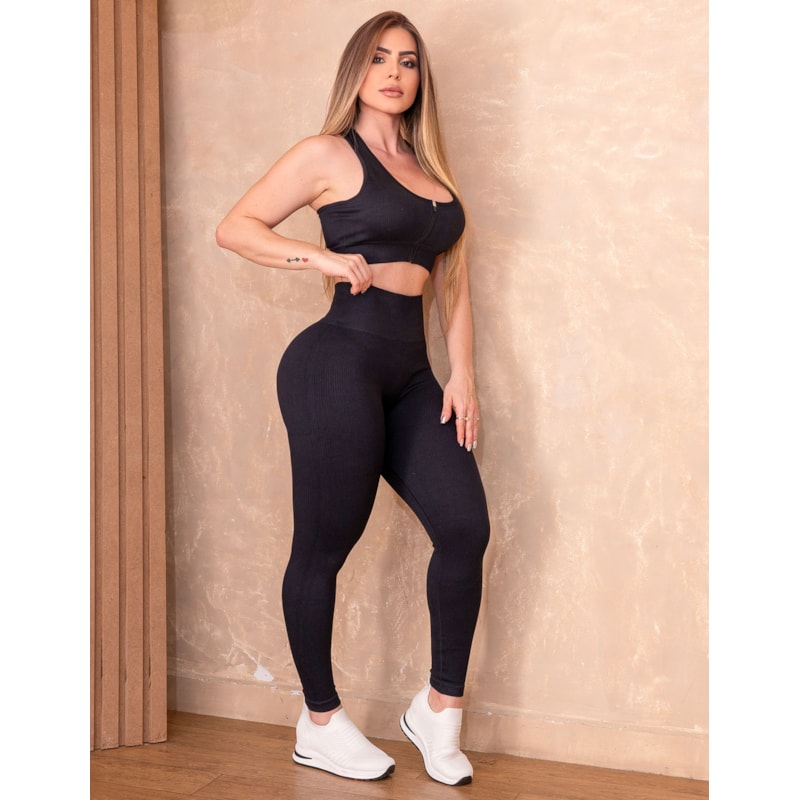 Conjunto Fitness Seamless Poliamida Canelada Premium com Top Zíper e Legging Cintura Alta