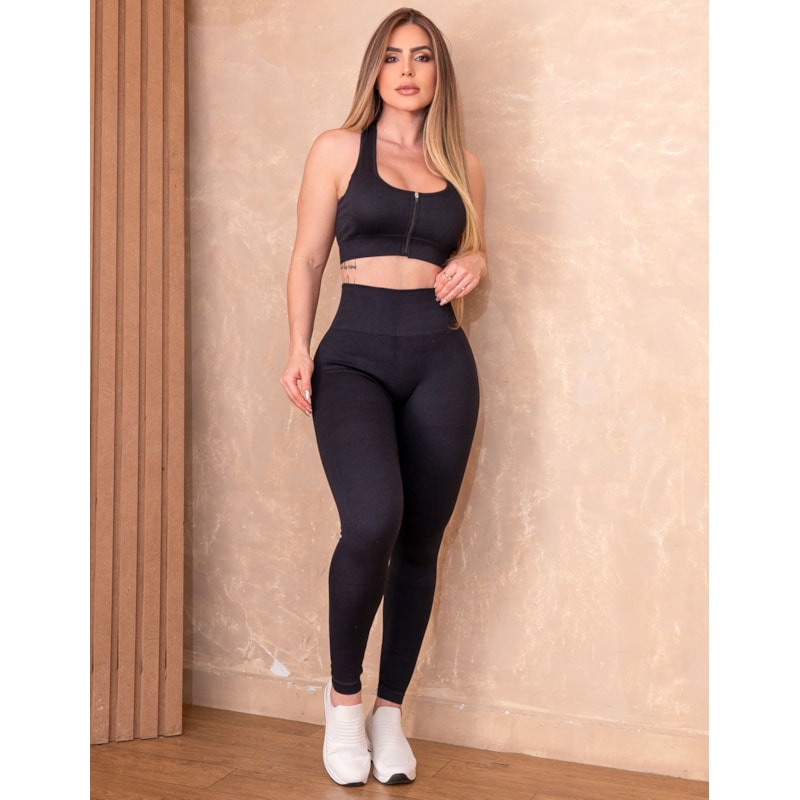 Conjunto Fitness Seamless Poliamida Canelada Premium com Top Zíper e Legging Cintura Alta