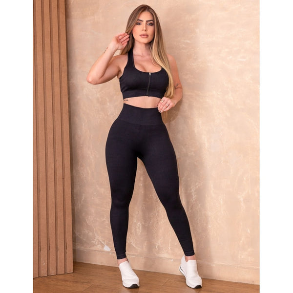 Conjunto Fitness Seamless Poliamida Canelada Premium com Top Zíper e Legging Cintura Alta