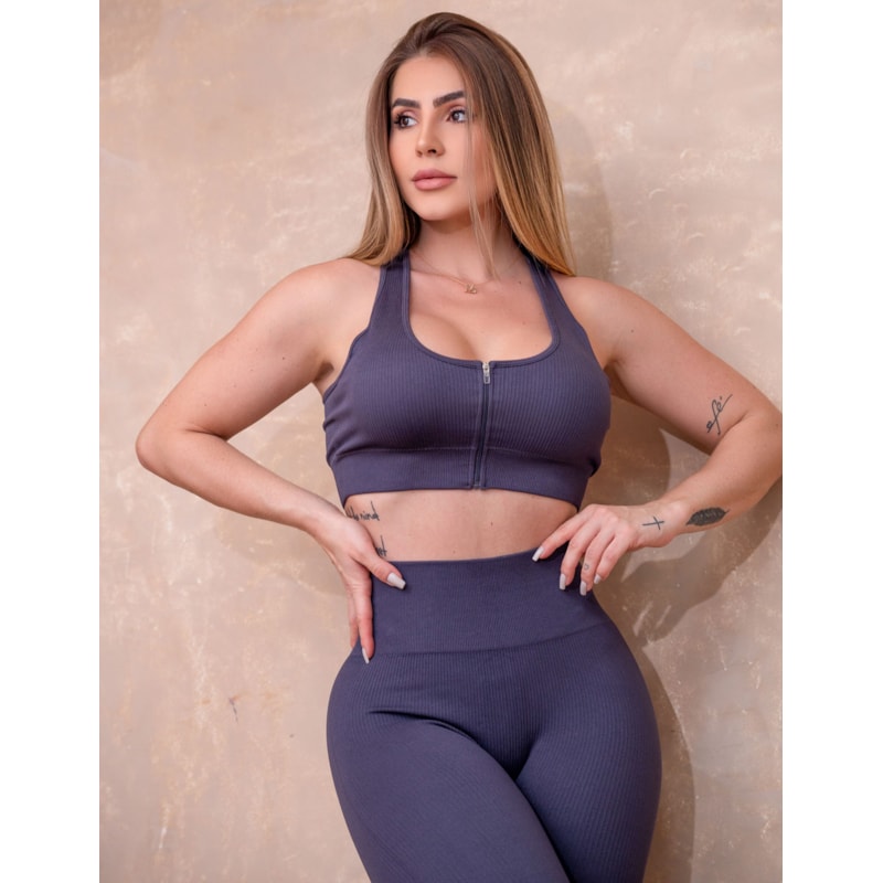 Conjunto Fitness Seamless Feminino em Poliamida Premium Canelada Top com Zíper e Legging Cintura Alta