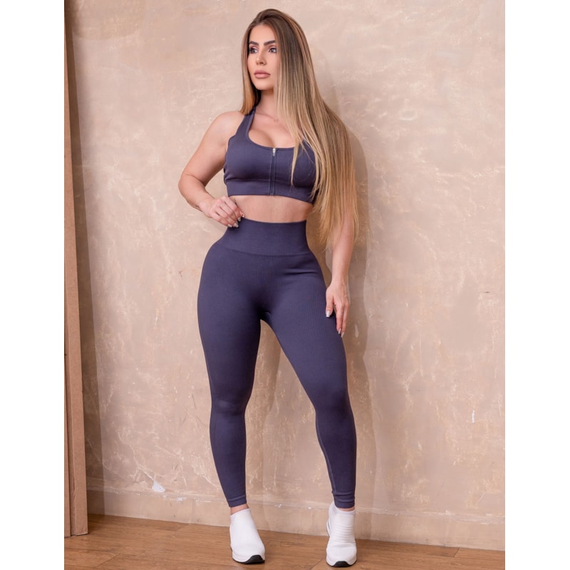 Conjunto Fitness Seamless Feminino em Poliamida Premium Canelada Top com Zíper e Legging Cintura Alta