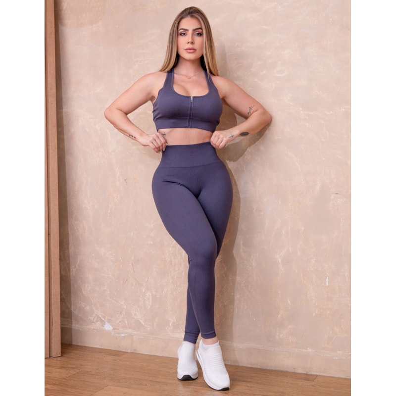 Conjunto Fitness Seamless Feminino em Poliamida Premium Canelada Top com Zíper e Legging Cintura Alta