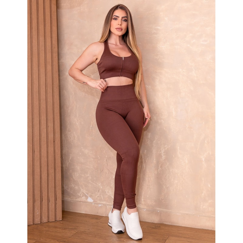 Conjunto Academia Seamless Feminino Canelado Premium Top Frente Zíper + Legging Cós Alto