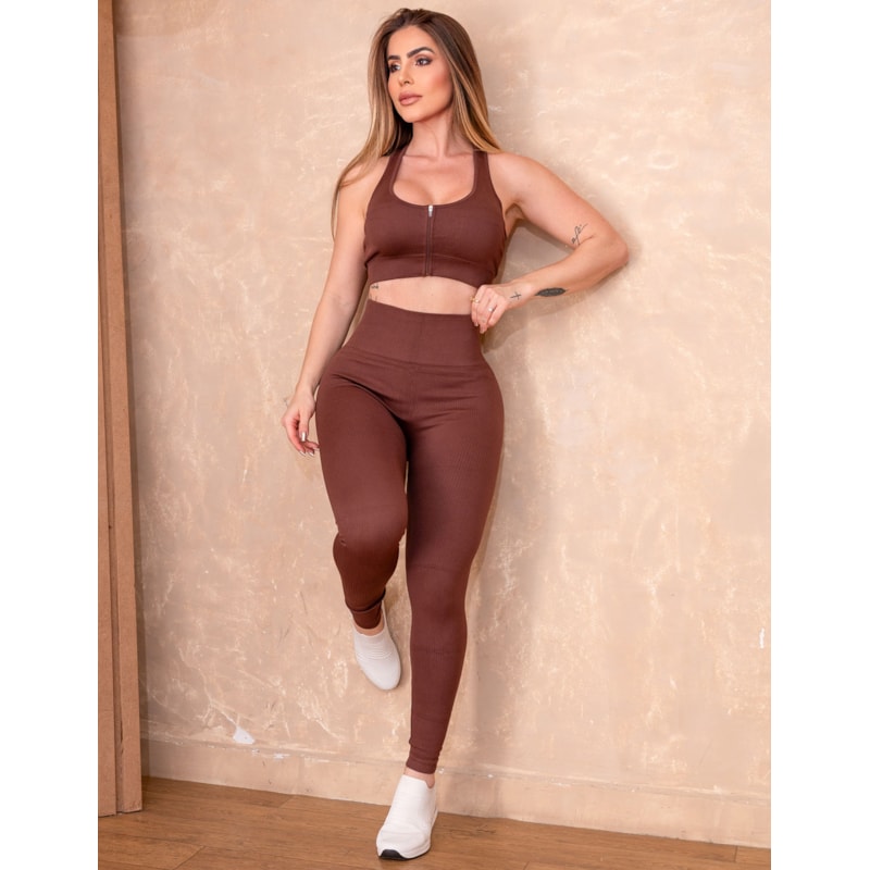 Conjunto Academia Seamless Feminino Canelado Premium Top Frente Zíper + Legging Cós Alto