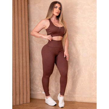 Conjunto Academia Seamless Feminino Canelado Premium Top Frente Zíper + Legging Cós Alto