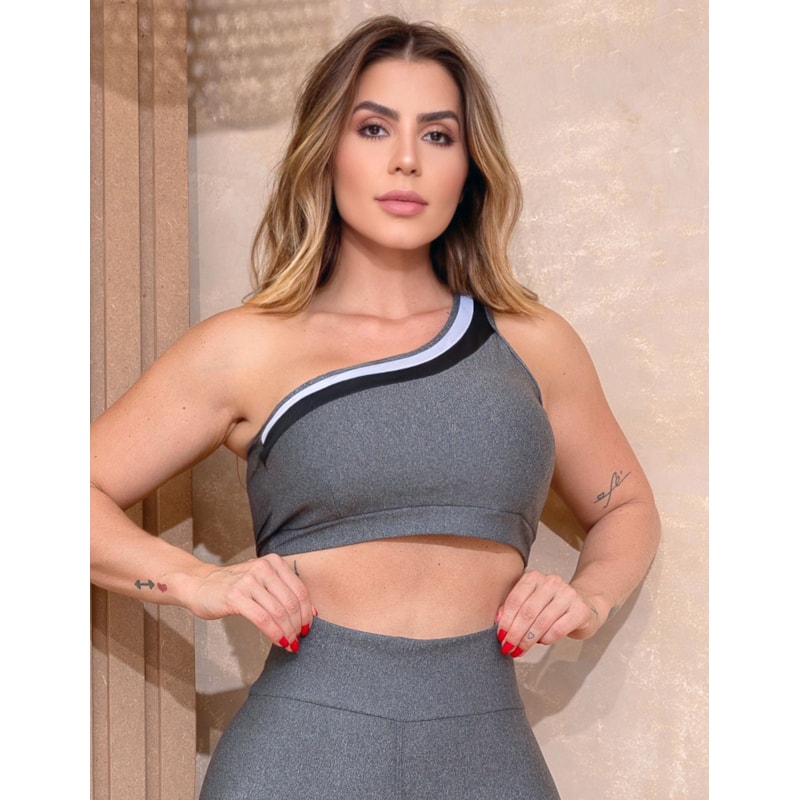 Conjunto Fitness Feminino com Calça Legging e Cropped Ombro Só
