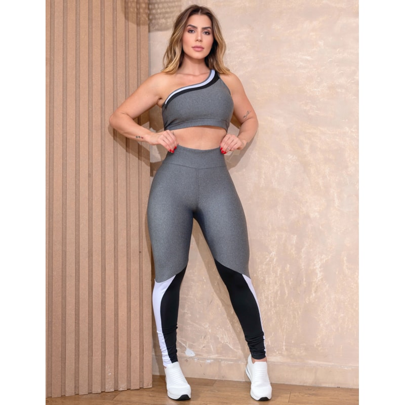 Conjunto Fitness Feminino com Calça Legging e Cropped Ombro Só