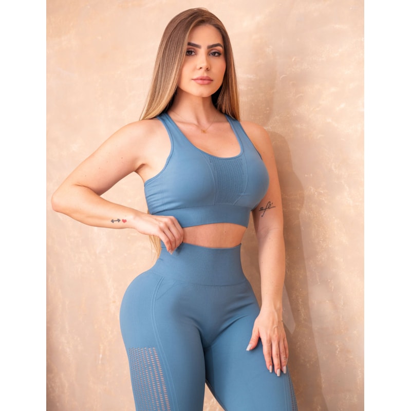 Conjunto Fitness Feminina em Poliamida Legging e Top Sem Costura Recortes Laser