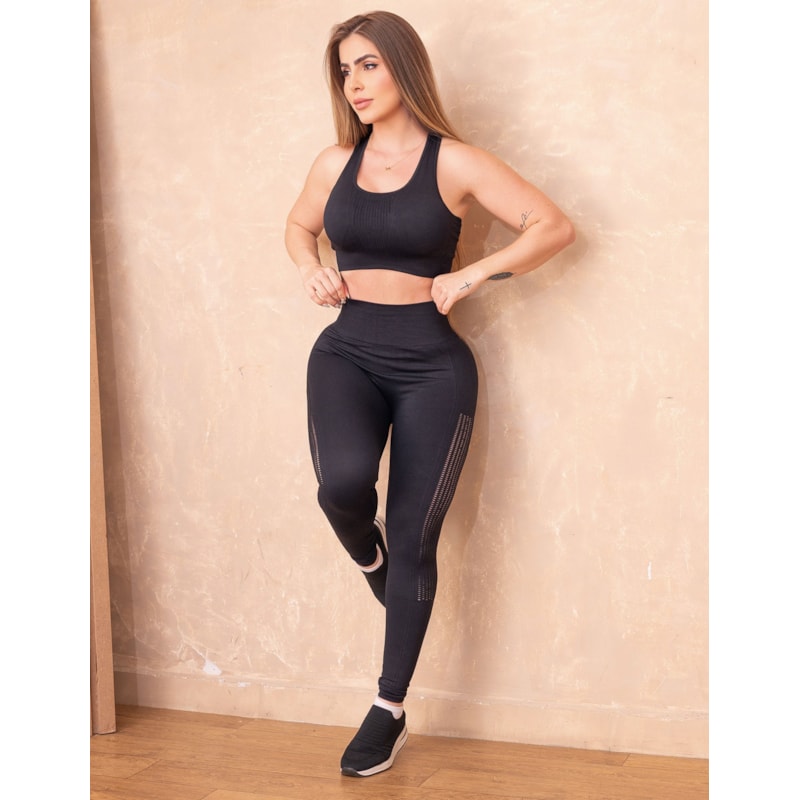 Conjunto Fitness sem Costura em Poliamida Zero Transparência com Recortes a Laser