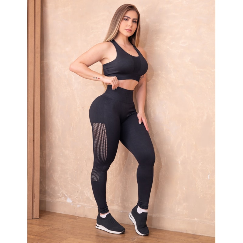 Conjunto Fitness sem Costura em Poliamida Zero Transparência com Recortes a Laser