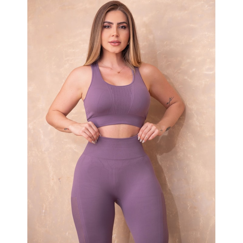 Kit Treino Premium Poliamida com Top e Legging Sem Costura com Recortes Laser