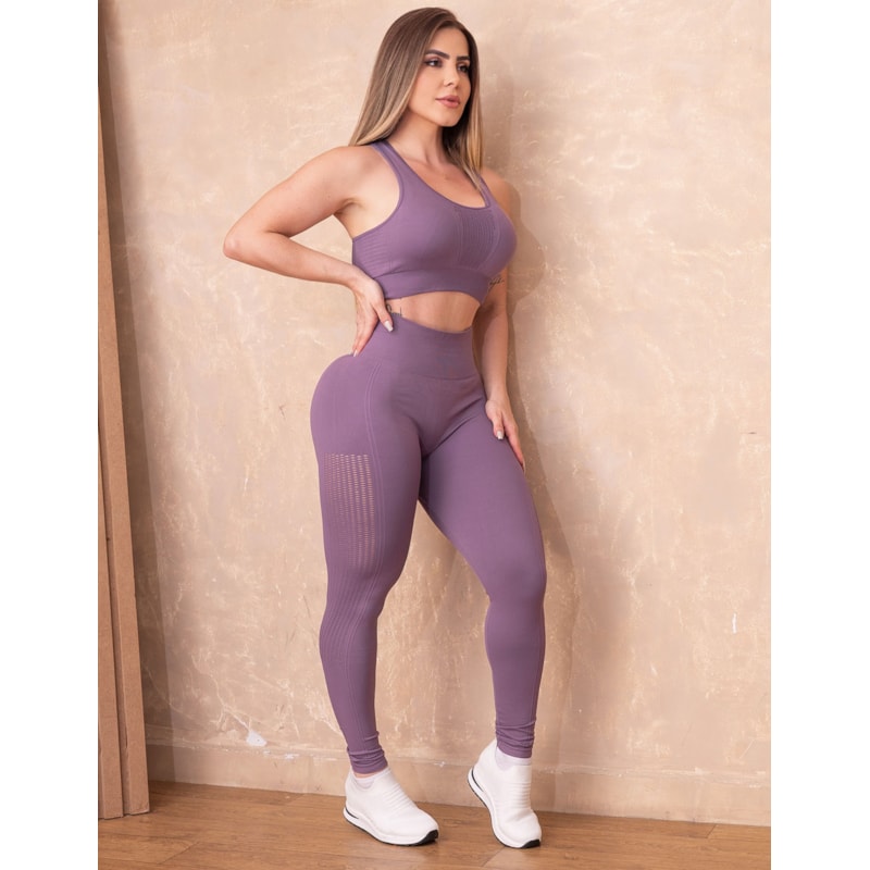 Kit Treino Premium Poliamida com Top e Legging Sem Costura com Recortes Laser