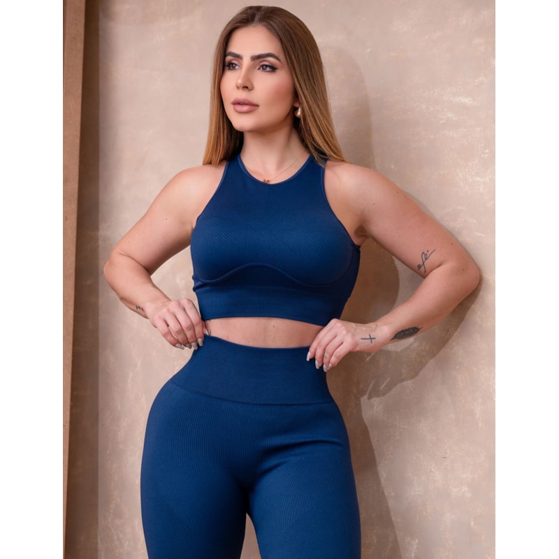 Conjunto de Poliamida Canelada Premium com Cropped Sem Bojo e Calça Sem Costura