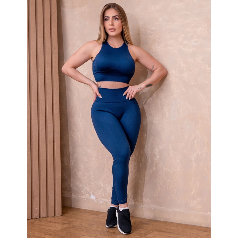 Conjunto de Poliamida Canelada Premium com Cropped Sem Bojo e Calça Sem Costura