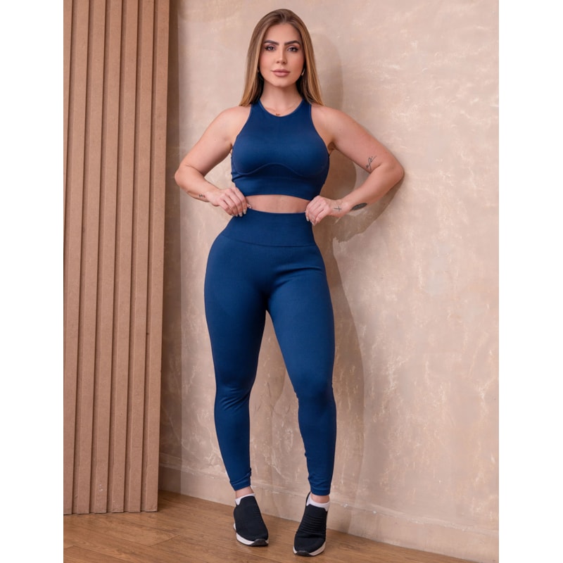 Conjunto de Poliamida Canelada Premium com Cropped Sem Bojo e Calça Sem Costura