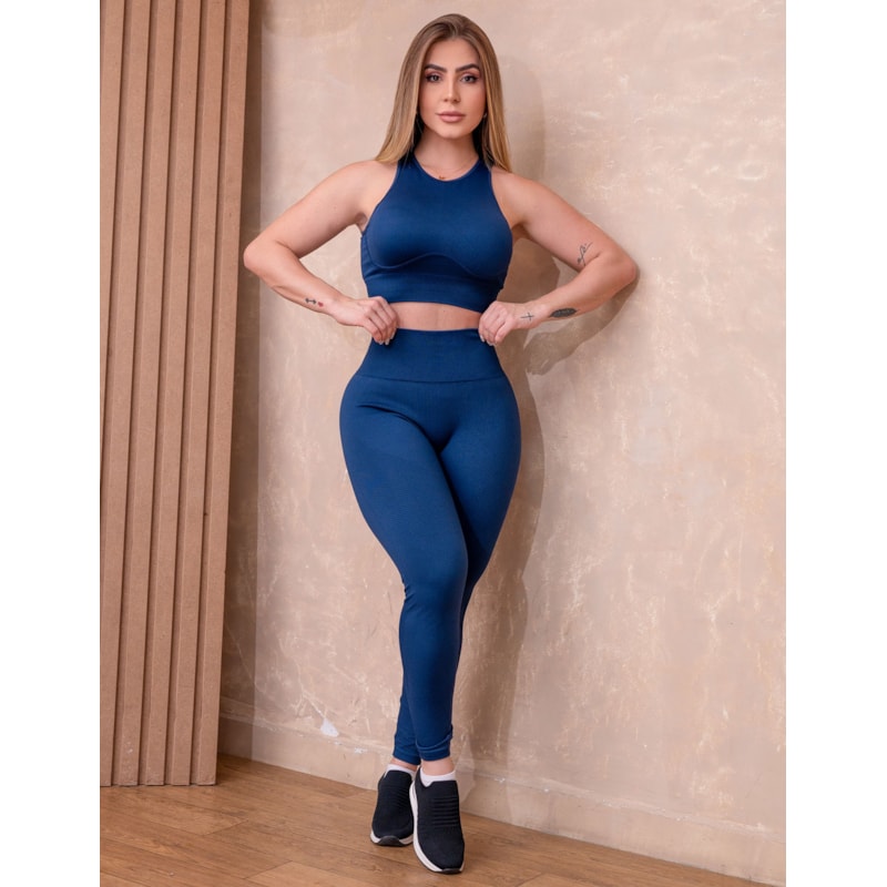 Conjunto de Poliamida Canelada Premium com Cropped Sem Bojo e Calça Sem Costura