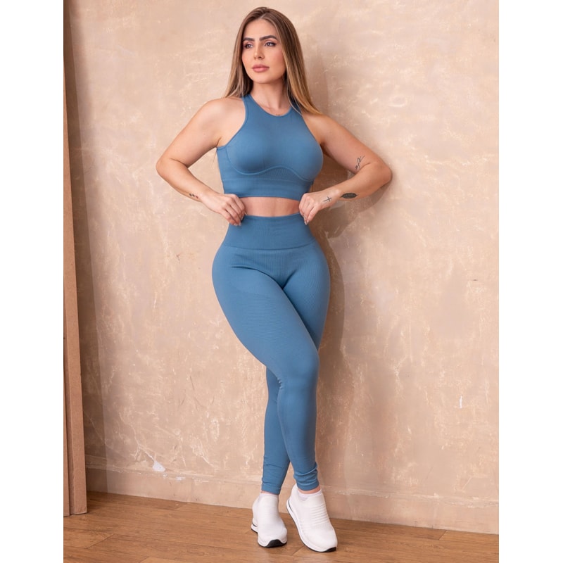 Conjunto Feminino Calça Legging e Cropped em Poliamida Canelada Premium