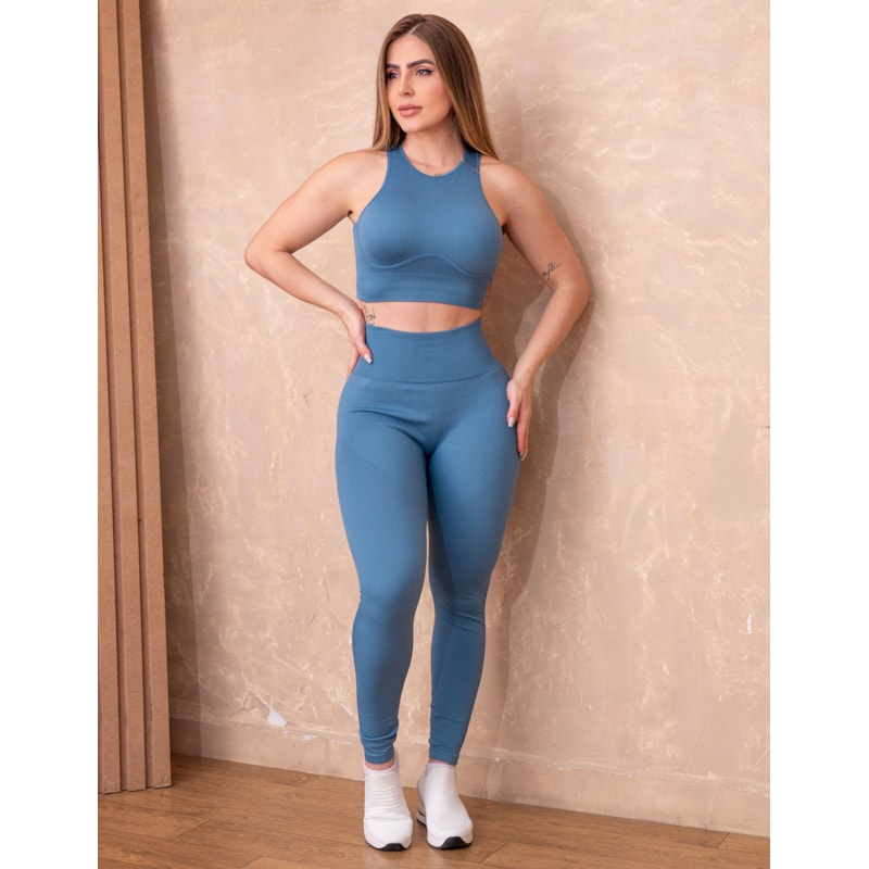 Conjunto Feminino Calça Legging e Cropped em Poliamida Canelada Premium