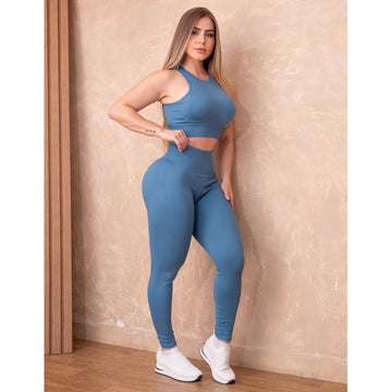 Conjunto Feminino Calça Legging e Cropped em Poliamida Canelada Premium