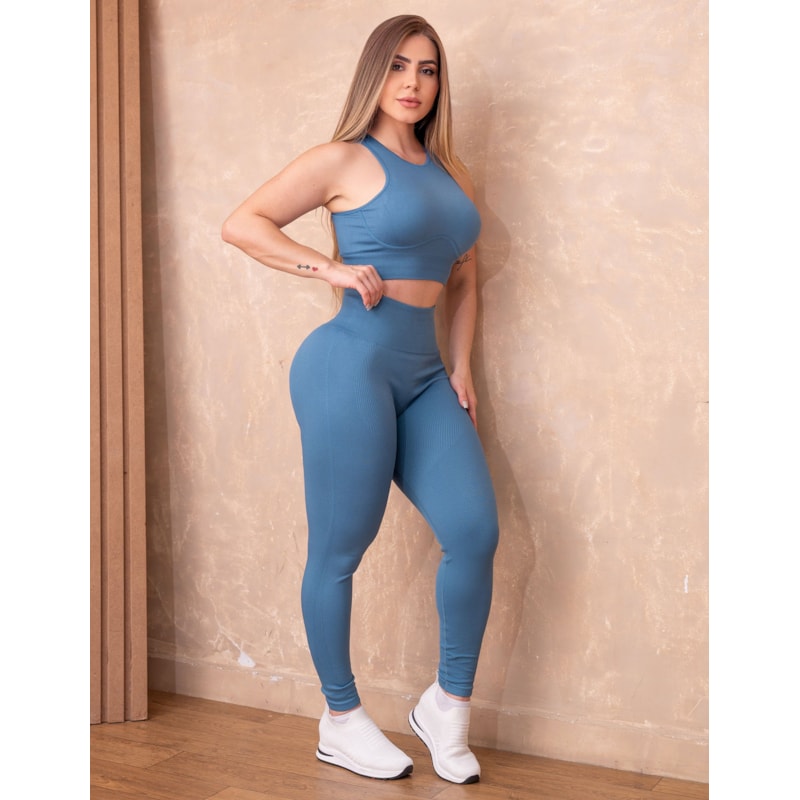 Conjunto Feminino Calça Legging e Cropped em Poliamida Canelada Premium