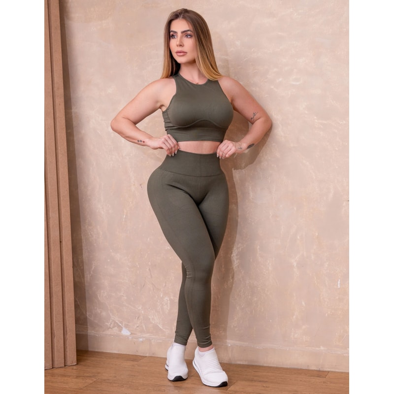 Conjunto Feminino em Poliamida Canelada Cropped e Calça Legging Sem Costura