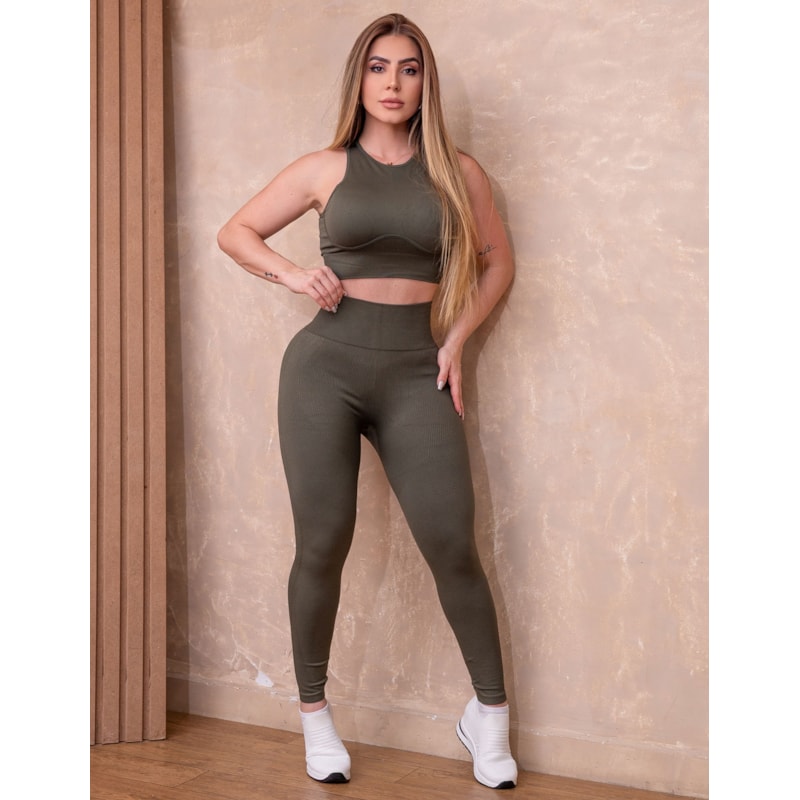 Conjunto Feminino em Poliamida Canelada Cropped e Calça Legging Sem Costura