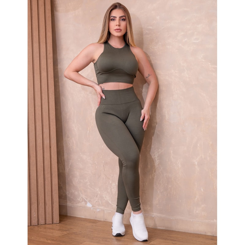 Conjunto Feminino em Poliamida Canelada Cropped e Calça Legging Sem Costura