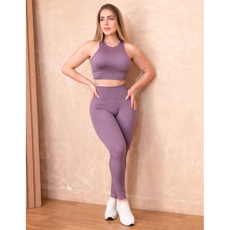 Look Fitness em Poliamida Canelada Premium com Cropped e Calça Legging