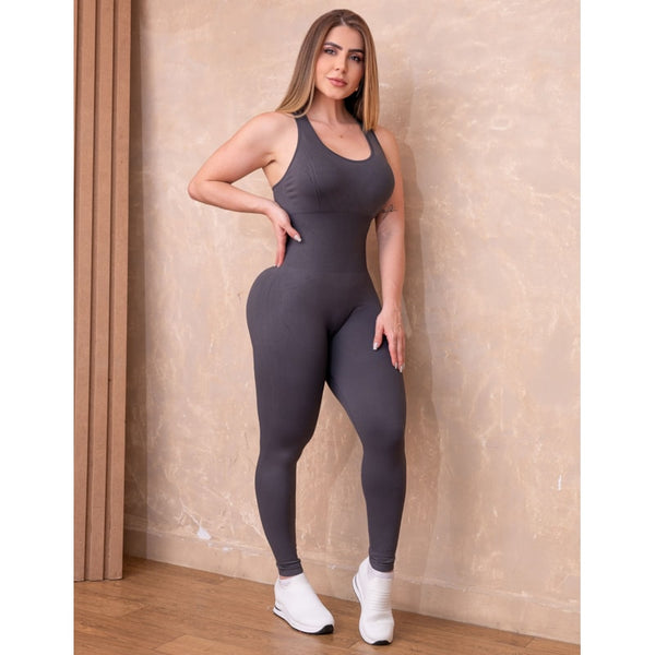 Macacão Fitness Poliamida Sem Costura com Detalhe Strappy nas Costas